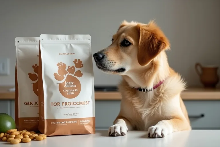 En person jämför hundfoder i köket medan hunden sitter bredvid