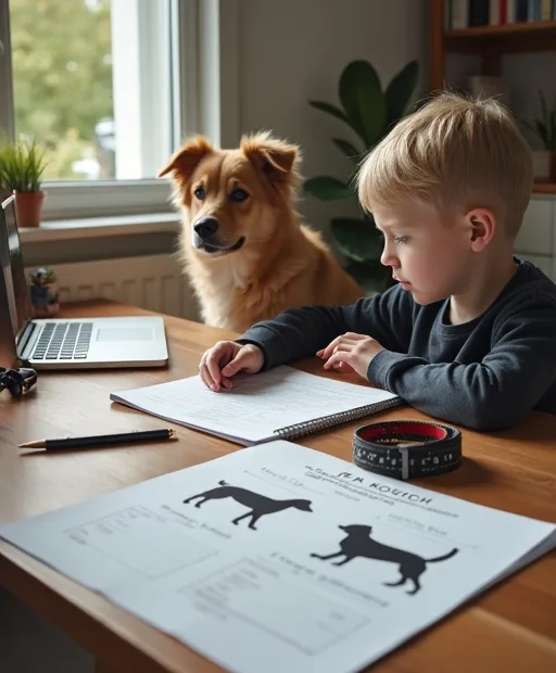 Person som jämför hundraser vid ett köksbord med sele och koppel som startutrustning.