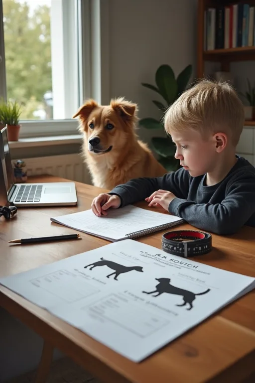 Person som jämför hundraser vid ett köksbord med sele och koppel som startutrustning.