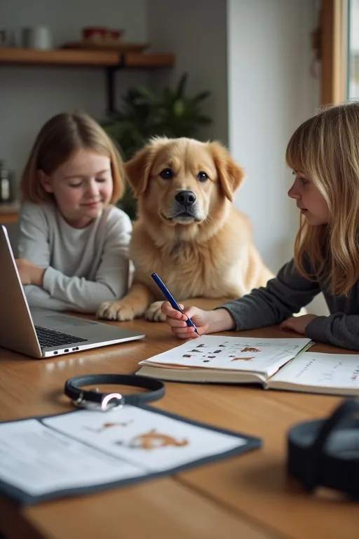 Familj som pratar om hundval och vardagliga behov vid köksbordet.