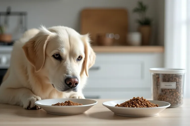 Hundägare som blandar nytt och gammalt hundfoder i skålar vid köksbänken.