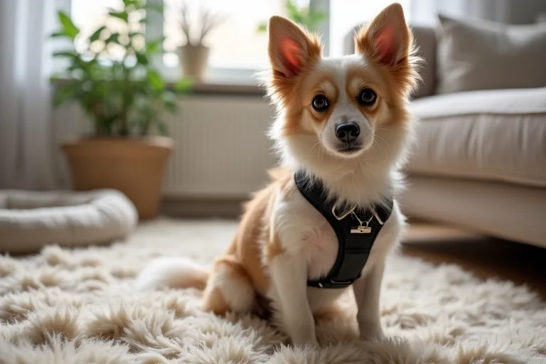 En liten hund i hemmiljö med sele och mjuk hundbädd, anpassat för nybörjare.