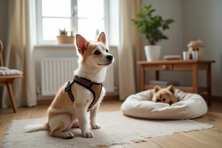 En liten hund som vilar i en mjuk bädd, en påminnelse om behovet av lugn och återhämtning.
