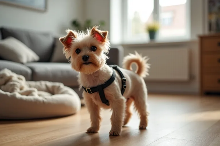 En liten hund med välanpassad sele och bädd som stöd för en lugn start i vardagen.
