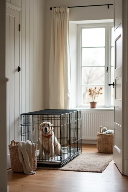 Hundbur och rengöringsmedel som hör till de första inköpen för en ny hundägare.