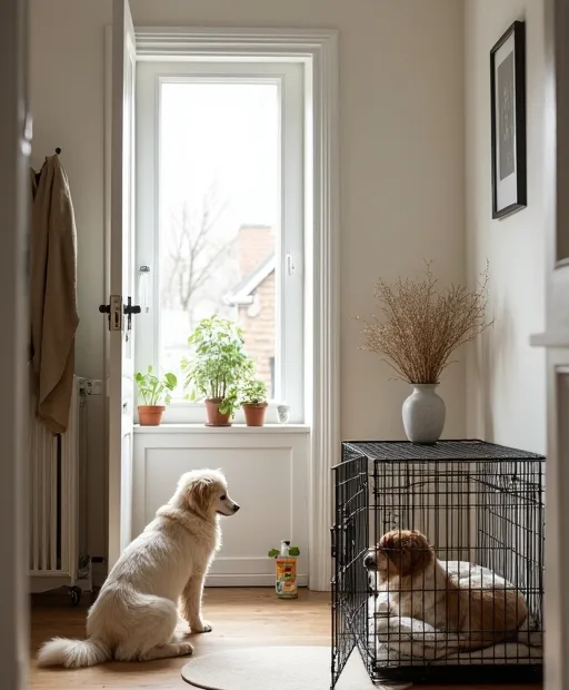 En hundbur med avdelare och rengöringsmedel vid en ny hundägares första hundinköp.