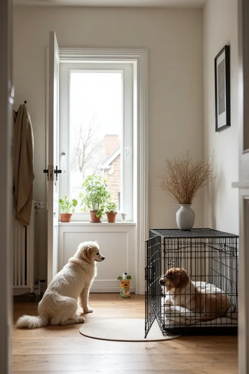 En hundbur med avdelare och rengöringsmedel vid en ny hundägares första hundinköp.