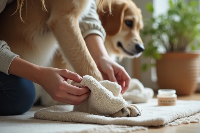 En hundägare rengör hundens tassar hemma med en handduk och tassalva bredvid.