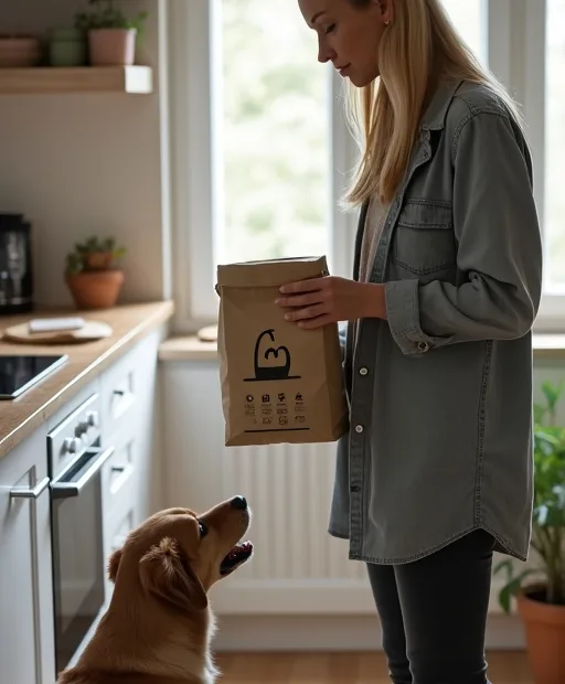 Hundägare som förbereder hundfoder och en lufttät förvaringsbehållare i ett lugnt kök.