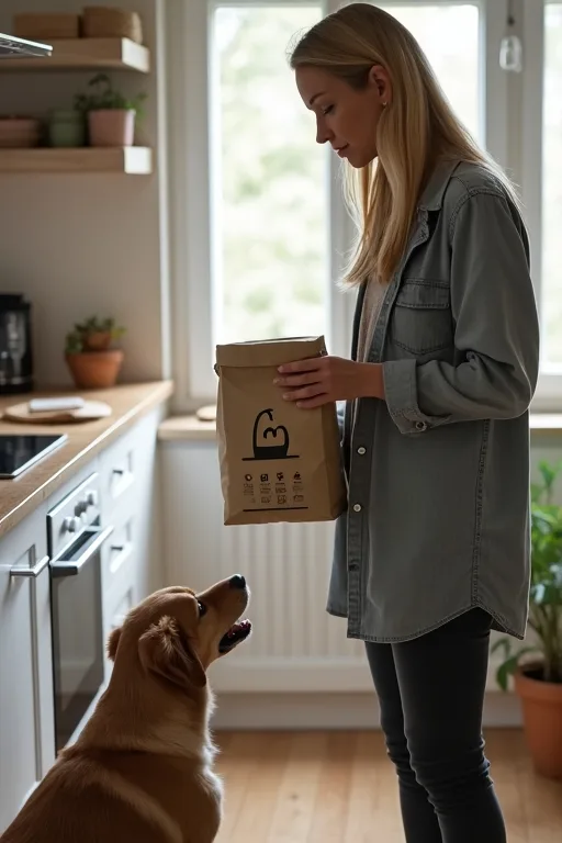 Hundägare som förbereder hundfoder och en lufttät förvaringsbehållare i ett lugnt kök.