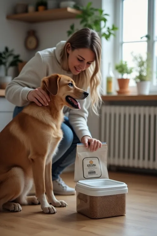 Närbild av hundfoder och enkel vardagsutfodring på ett köksbord.