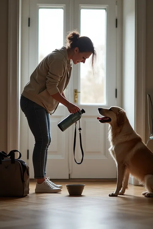 Hund och ägare på väg mot resa med fokus på lugn planering och pauser