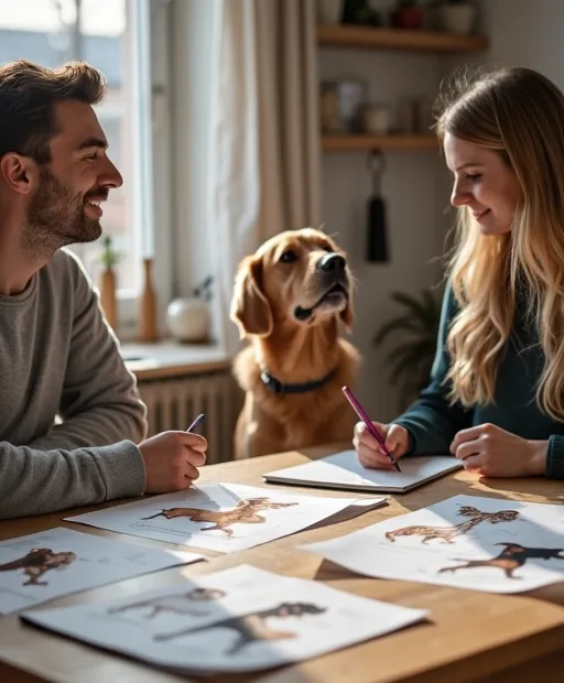 Personer som jämför hundraser vid ett köksbord inför valet av hund.