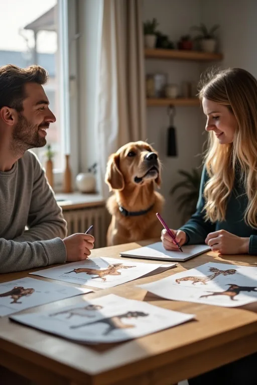 Personer som jämför hundraser vid ett köksbord inför valet av hund.