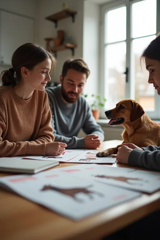 Familj som jämför hundalternativ på ett praktiskt sätt inför första hunden.