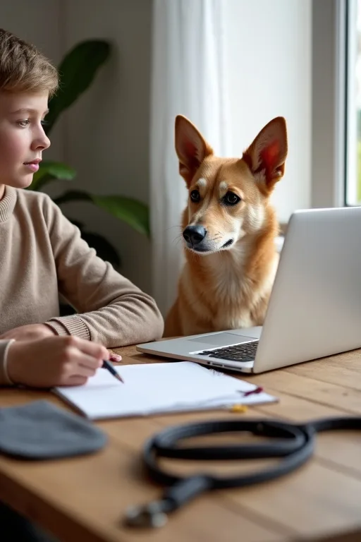 Familj som planerar hundlivet runt köksbordet med anteckningar och laptop