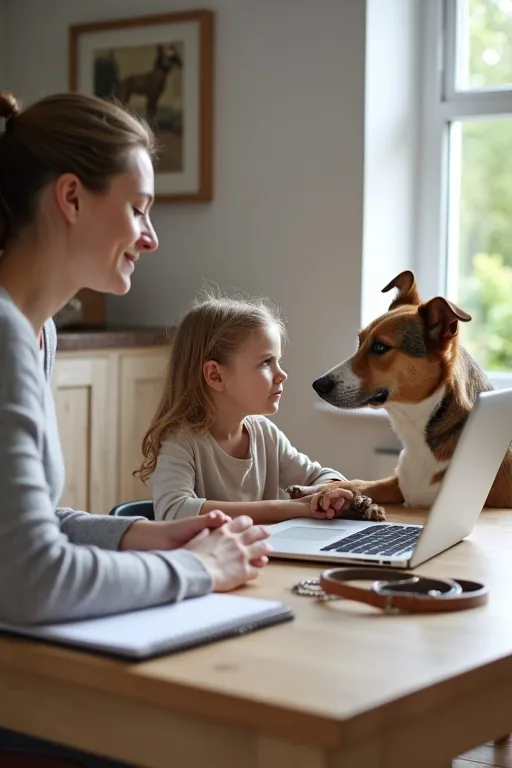 Hund som vilar lugnt i hemmet medan familjen pratar i bakgrunden