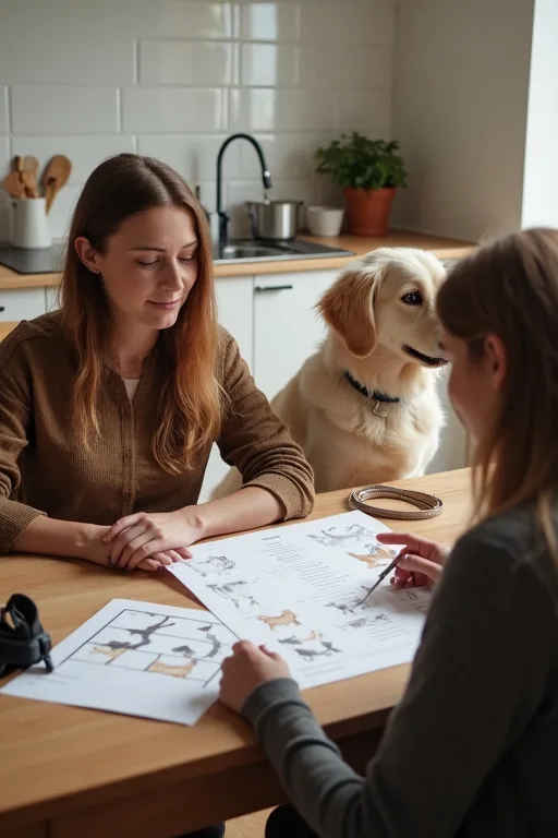 En lugn hund sitter bredvid en person som jämför olika hundtypers behov.