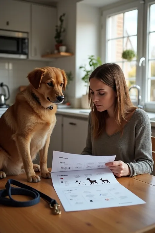En ny ägare går igenom en enkel checklista för hundens vardag vid ett köksbord.