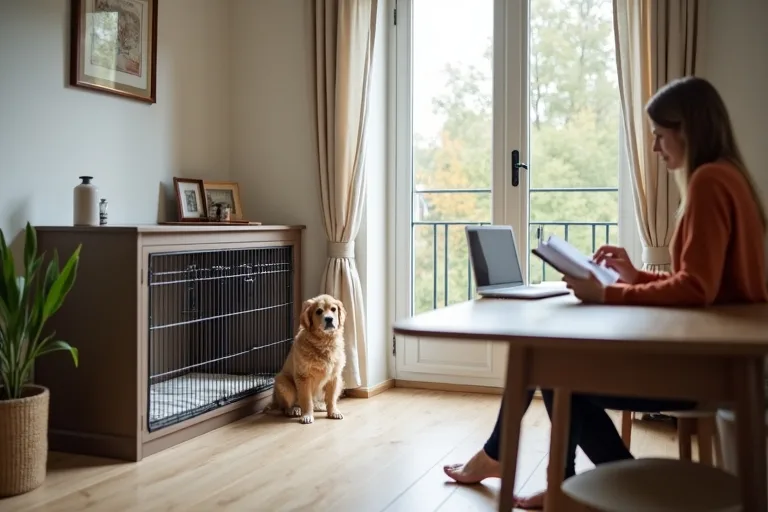 Praktiska startprylar för en ny hund vid en lugn entré i hemmet.