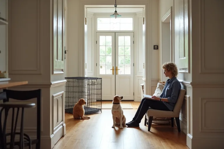 Hundbur med avdelare och en enkel budgetplan för ny hundägare i ett lugnt hem.