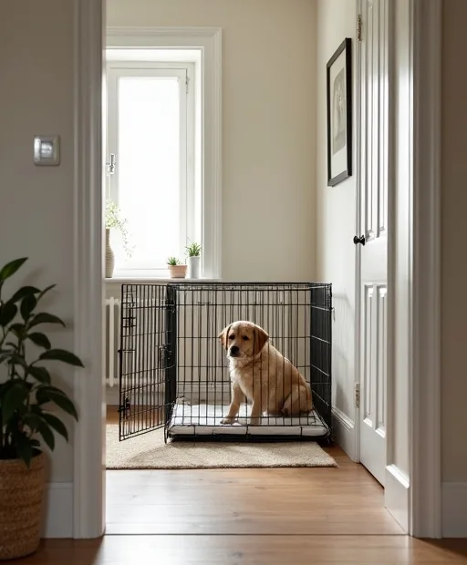 Hundbur med avdelare och rengöringsmedel för ett hem där man förbereder sig för att skaffa hund