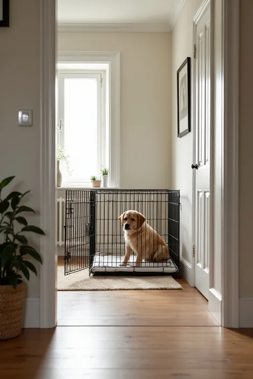 Hundbur med avdelare och rengöringsmedel för ett hem där man förbereder sig för att skaffa hund