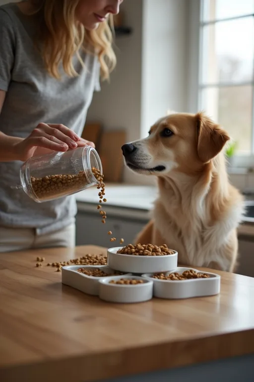 Hund som väntar lugnt vid matskålen under ett planerat foderbyte hemma.