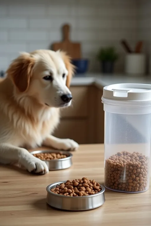 Hundägare som planerar ett foderbyte vid köksbordet med hundens mat framför sig.