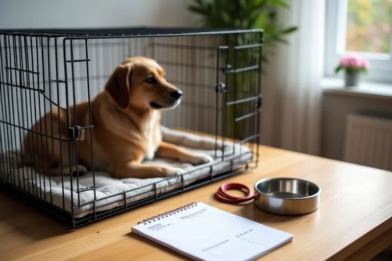 Hundens första utrustning med koppel, skål och bädd på ett bord