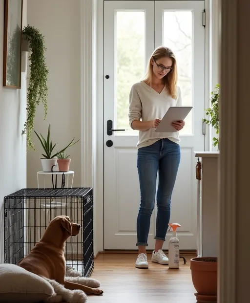 En ny hundägare som går igenom startkostnader med hundbur, matskålar och rengöringsmedel bredvid sig.