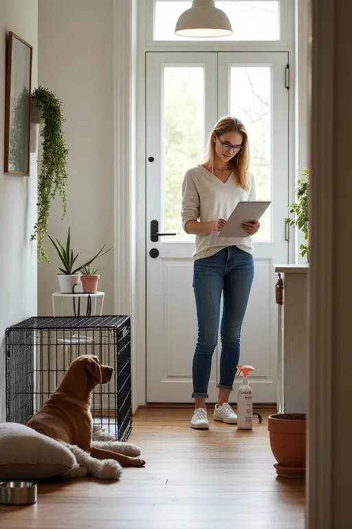 En ny hundägare som går igenom startkostnader med hundbur, matskålar och rengöringsmedel bredvid sig.