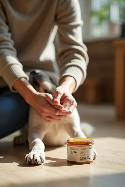 Hundägare rengör hundens tassar hemma med våtservett och tassalva bredvid.