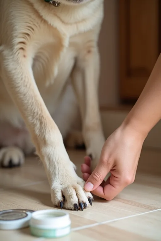 Hundägare rengör tassar med skonsamma våtservetter i en lugn hemmamiljö.