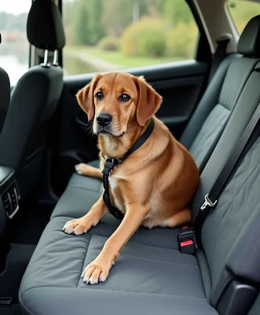 Hund som tränas lugnt i bilen hemma med bilsele och baksätesskydd.