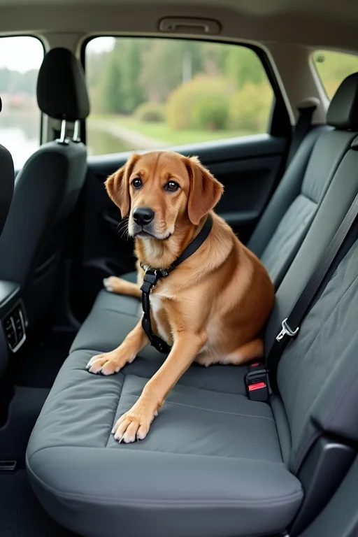 Hund som tränas lugnt i bilen hemma med bilsele och baksätesskydd.