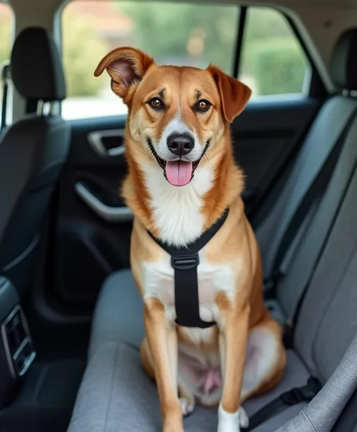 Hund sitter säkert i baksätet med bilsele och baksätesskydd i bilen