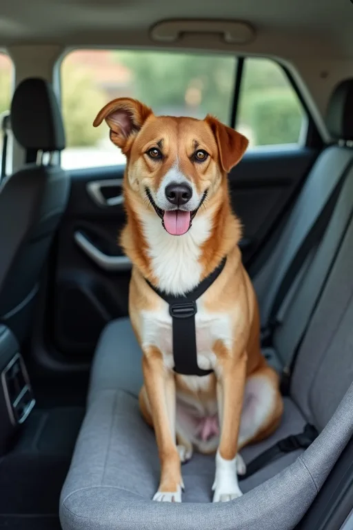 Hund sitter säkert i baksätet med bilsele och baksätesskydd i bilen