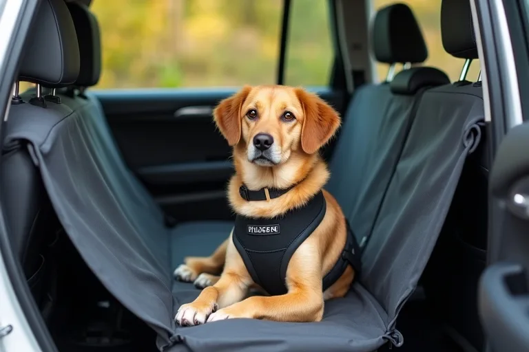 Hund sitter säkert i baksätet med bilsele och baksätesskydd.