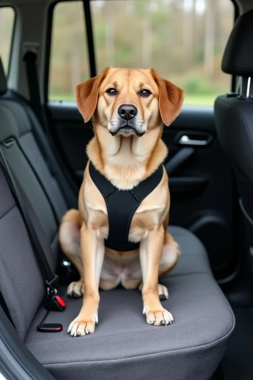 Hund i baksätet med säker fastsättning inför bilresa