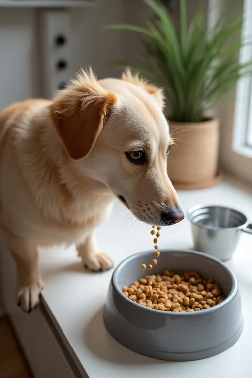 Lufttät förvaringsburk och måttskopa bredvid hundfoder i ett lugnt hemkök.