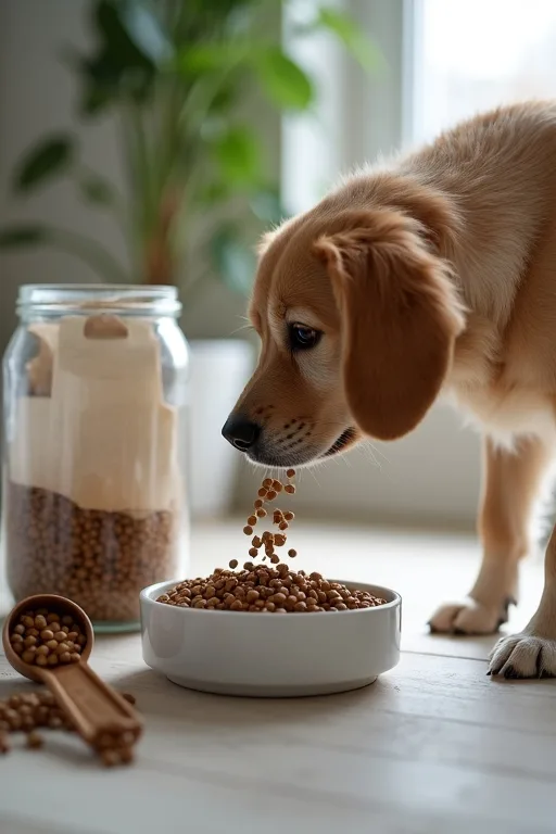 Noggrann uppmätning av hundfoder vid en gradvis övergång hemma i köket.