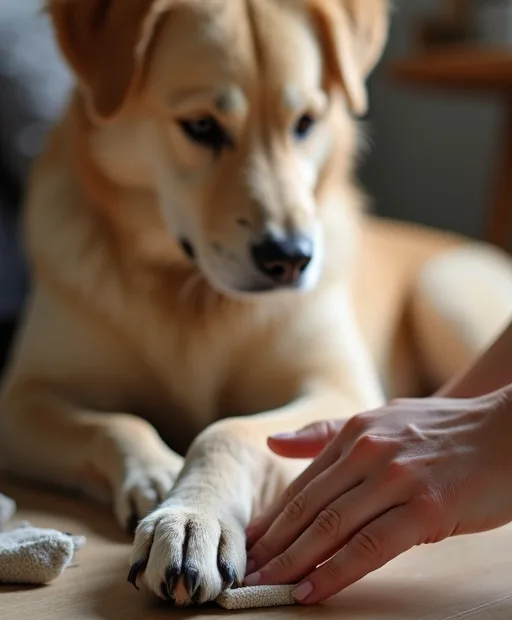 En hund får tassarna skonsamt rengjorda och insmorda hemma