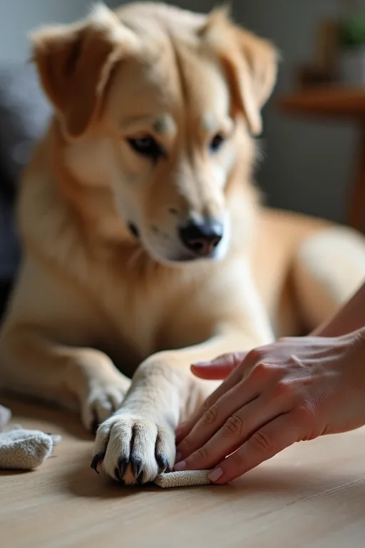 En hund får tassarna skonsamt rengjorda och insmorda hemma