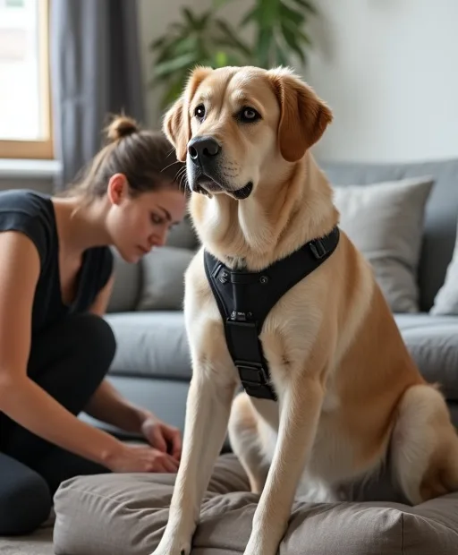 Stor hund med sele bredvid en ortopedisk hundbädd i ett hem.