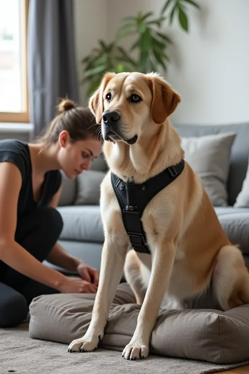 Stor hund med sele bredvid en ortopedisk hundbädd i ett hem.