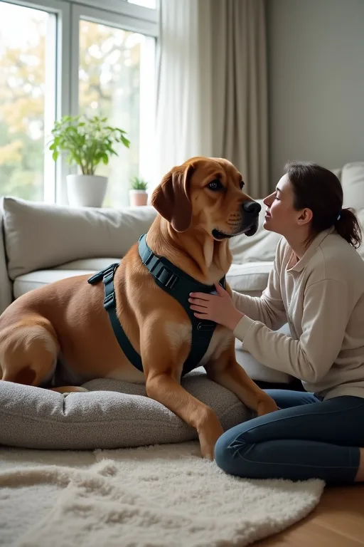 Stor hund i en lugn hemmiljö medan ägaren förbereder vardagen.