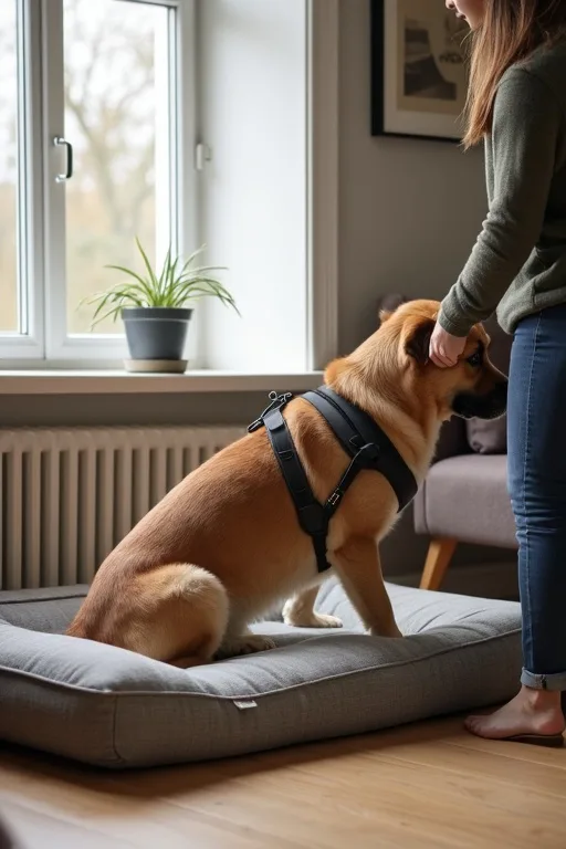 Stor hund vilar på en bädd i ett stillsamt hem efter dagens rutiner.