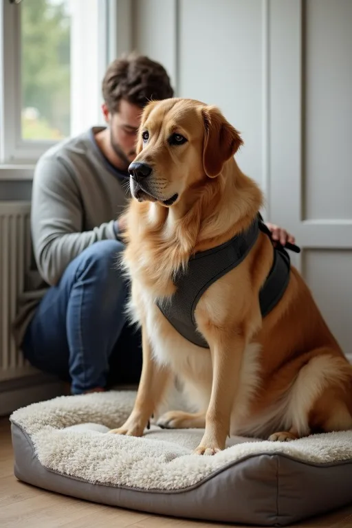 Stor hundsele som sitter på en större hund i hemmiljö.
