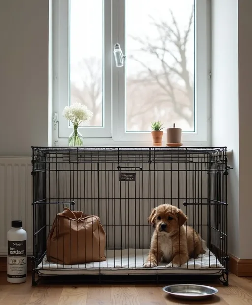 En enkel hundstart med bur, matskål och fläckborttagning för den som skaffar hund på budget.